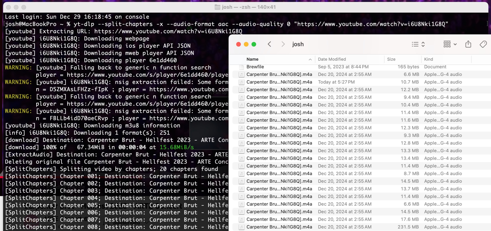 Finder window with m4a output and a terminal window with the YT-DLP’s output