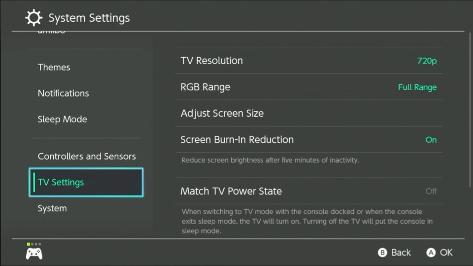 Screenshot of Switch video settings