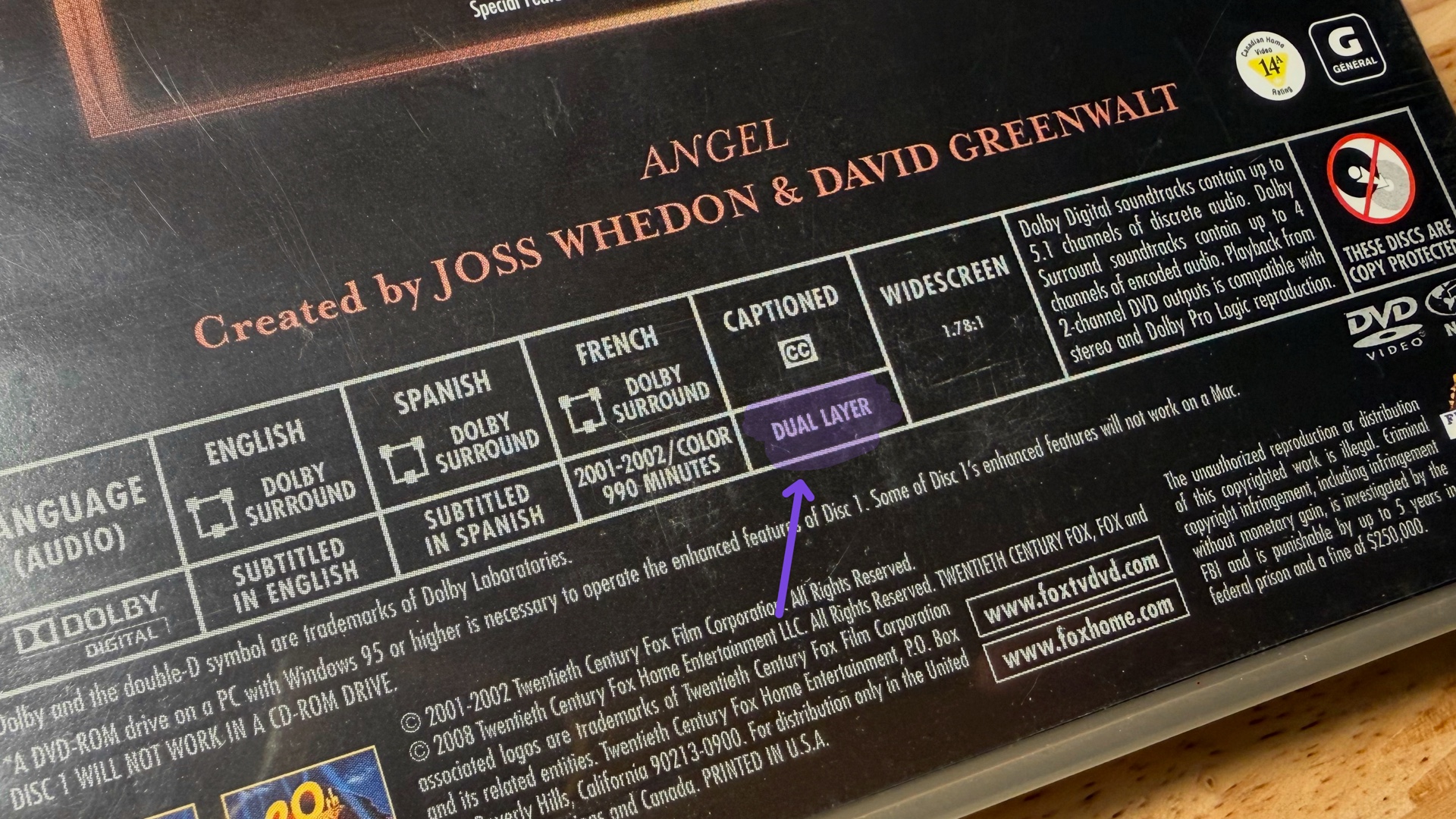 Dual Layer note on back of a box set