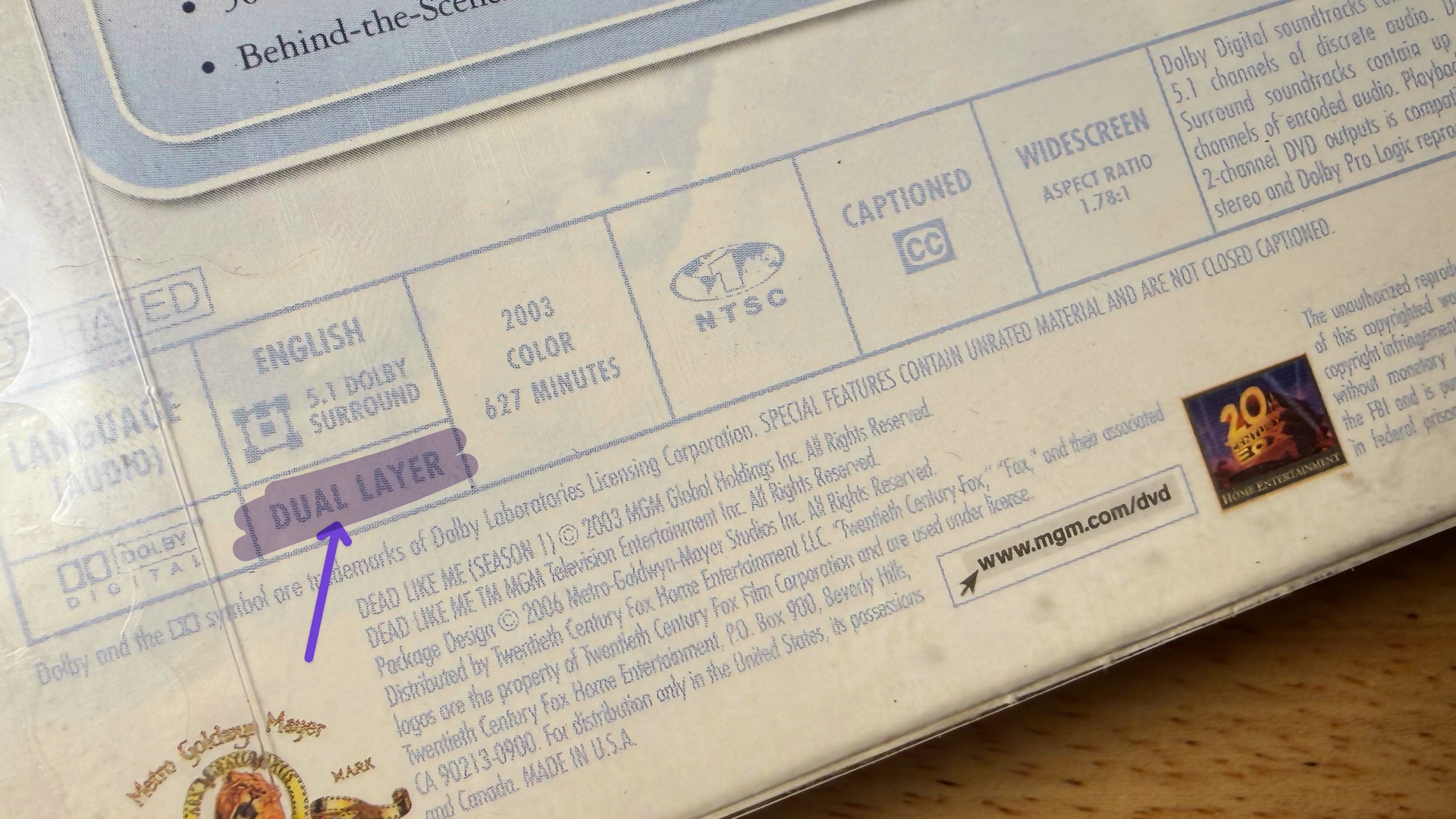 Dual Layer note on back of a box set